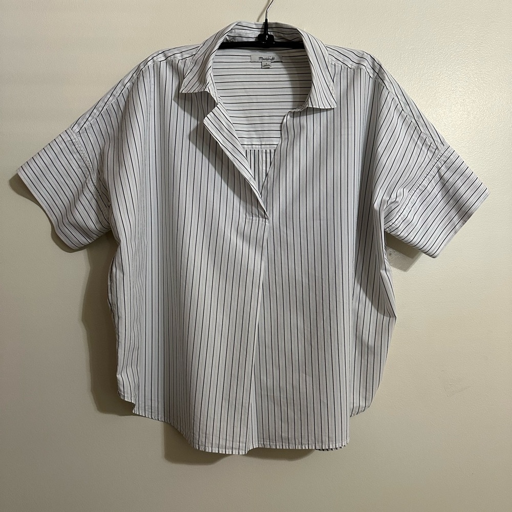 Madewell Asymmetrical Front Neck White Pin Stripe Short Sleeve Cotton Top Size L